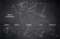 World continents map, America, Europe, Africa, Asia, Australia, blackboard school chalkboard