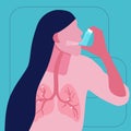 World COPD day.Chronic obstructive pulmonary disease concept.Asthmatic girl breathes with an inhaler.Lungs illness in trendy color