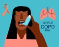 World COPD day.Chronic obstructive pulmonary disease concept.Asthmatic girl breathes with an inhaler.Lungs illness in trendy color