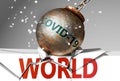 World and coronavirus, symbolized by the virus destroying word World to picture that covid-19  affects World and leads to a crash Royalty Free Stock Photo