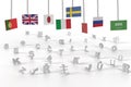 World country flags hang on chain  as banner for language school with different lettres Royalty Free Stock Photo