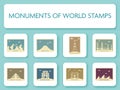 World Country Monument Stamp Or Ticket Collection On Turquoise Square