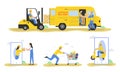 World Courier Delivery Service Concept. Storehouse Workers Courier In Uniform Deliver Parcels, Food Suply To Customer Royalty Free Stock Photo