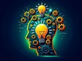 World creativity and innovation day. Vector illustration of a head with a bulb and cog on neon background with copy space Royalty Free Stock Photo