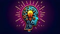 World creativity and innovation day. Vector illustration of a head with a bulb and cog on neon background with copy space Royalty Free Stock Photo