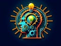 World creativity and innovation day. Vector illustration of a head with a bulb and cog on neon background with copy space Royalty Free Stock Photo