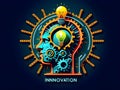 World creativity and innovation day. Vector illustration of a head with a bulb and cog on neon background with copy space Royalty Free Stock Photo