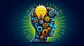 World creativity and innovation day. Vector illustration of a head with a bulb and cog on neon background with copy space Royalty Free Stock Photo