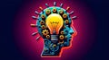 World creativity and innovation day. Vector illustration of a head with a bulb and cog on neon background with copy space Royalty Free Stock Photo