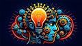 World creativity and innovation day. Vector illustration of a head with a bulb and cog on neon background with copy space Royalty Free Stock Photo