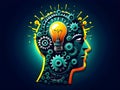 World creativity and innovation day. Vector illustration of a head with a bulb and cog on neon background with copy space Royalty Free Stock Photo