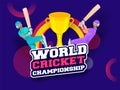 World Cricket Championship with cricket batsman and trophy on blue abstract background.