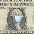 World crisis concept. Portrait of a president Washington in a medical mask. Coronavirus pandemic COVID-19.