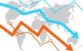 World crisis, decrease chart on background of global map Royalty Free Stock Photo