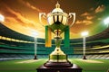 World Cup Cricket Championship Trophy gleaming under stadium floodlights, intricate engravings on display Royalty Free Stock Photo