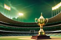 World Cup Cricket Championship Trophy gleaming under stadium floodlights, intricate engravings on display