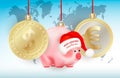 World currencies Dollar, Euro and Bauble chinese new year symbol pig on ribbons on world map background. Merry Christmas and Happy Royalty Free Stock Photo