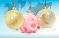 World currencies Dollar, Euro and Bauble cute chinese new year symbol pig on red ribbons on blue world map background. Conceptual Royalty Free Stock Photo