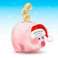 World currencies Dollar, Euro and Pound sterling coins falling into money pig bank. Merry Christmas, Happy New Year greetings on S Royalty Free Stock Photo