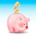 World currencies Dollar, Euro and Pound sterling golden coins falling into money pig bank. Conceptual realistic vector illustratio Royalty Free Stock Photo