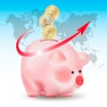 World currencies Dollar, Euro and Pound sterling golden coins falling into money pig bank. Conceptual realistic vector illustratio Royalty Free Stock Photo