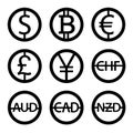 World currencies signs: dollar icon, bitcoin coin, euro sign, pend sterling symbol, Swiss frank etc. Royalty Free Stock Photo