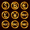 World currencies signs: dollar icon, bitcoin coin, euro sign, pend sterling symbol, Swiss frank etc. Royalty Free Stock Photo