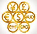 World currencies signs: dollar icon, euro sign, pend sterling symbol, Swiss frank etc.