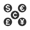 World currencies symbol black and white in circle vector illustration