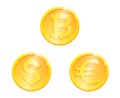 World currency gold coin symbol set. Main currencies dollar, euro, bitcoin. Finance investment concept. Exchange Money