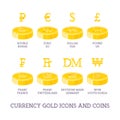 World currency signs and coins. Big set symbols of money and gold and silver icons - dollar, euro, yen, ruble, pound, bitcoin iso Royalty Free Stock Photo
