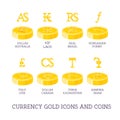 World currency signs and coins. Big set symbols of money and gold and silver icons - dollar, euro, yen, ruble, pound, bitcoin iso Royalty Free Stock Photo