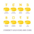 World currency signs and coins. Big set symbols of money and gold and silver icons - dollar, euro, yen, ruble, pound, bitcoin iso Royalty Free Stock Photo