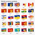 World currency symbols with flag icon set. Money sign icons with national flags. Vector illustration.