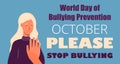 World day of Bullying Prevention in October. Victim scene in society. Stressed person in shame.