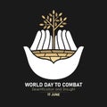 World Day Combat Desertification And Drought with white hand hold dry trees and dry soil sign on black background