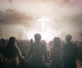 Worship praise concept: Christians prayed together in the church on the sunset sky Royalty Free Stock Photo