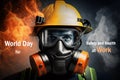 World Day for Safety and Health at Work. Worker in dark background with gas mask against the background of fire. The concept of Royalty Free Stock Photo