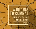 World Day to Combat Desertification and Drought banner with soft yellow text in frame and shadow on brown parched drought, soil