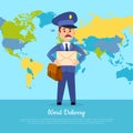 World Delivery Banner with Postman. Mailman in Suit