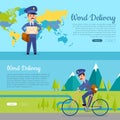 World Delivery. Set of Two Pictures with Postmen Royalty Free Stock Photo