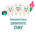 World Dental Day. International Dentist Day. A big tooth with a smile hugs two of his friends. With a bouquet and a gift