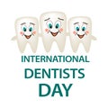 World Dental Day. International Dentist Day. A tooth with a smile embraces two small teeth. Adult tooth with their