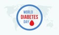 World diabetes day awareness poster blood drip symbol with blue circle ring frame logo badge design on world map background vector Royalty Free Stock Photo