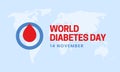 World diabetes day awareness poster. blood drip symbol inside blue circle ring logo badge design on world map background vector Royalty Free Stock Photo