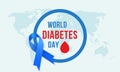 World diabetes day awareness poster blue ribbon symbol with circle ring and blood drip logo badge design on world map background