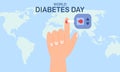 World diabetes day background, blood glucose testing meter and insulin production concept illustrati