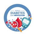 World diabetes day banner with Blood sugar magnifier ,DNA ,drug ,Glucose meter in blue circle ring vector design Royalty Free Stock Photo