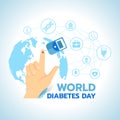 World Diabetes Day banner with Blood Sugar Test and Blood on the finger on blue world map with abstract connect link to Medical i