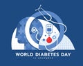 World diabetes day banner - drop blood Blood, Glucose Meter, cross plus in blue circle ring with stethoscope medical around and Royalty Free Stock Photo